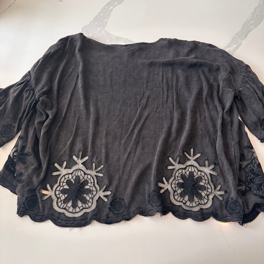 POL Boho Washed Black Lace Crochet Cutout Bell Sleeve Cardigan Small